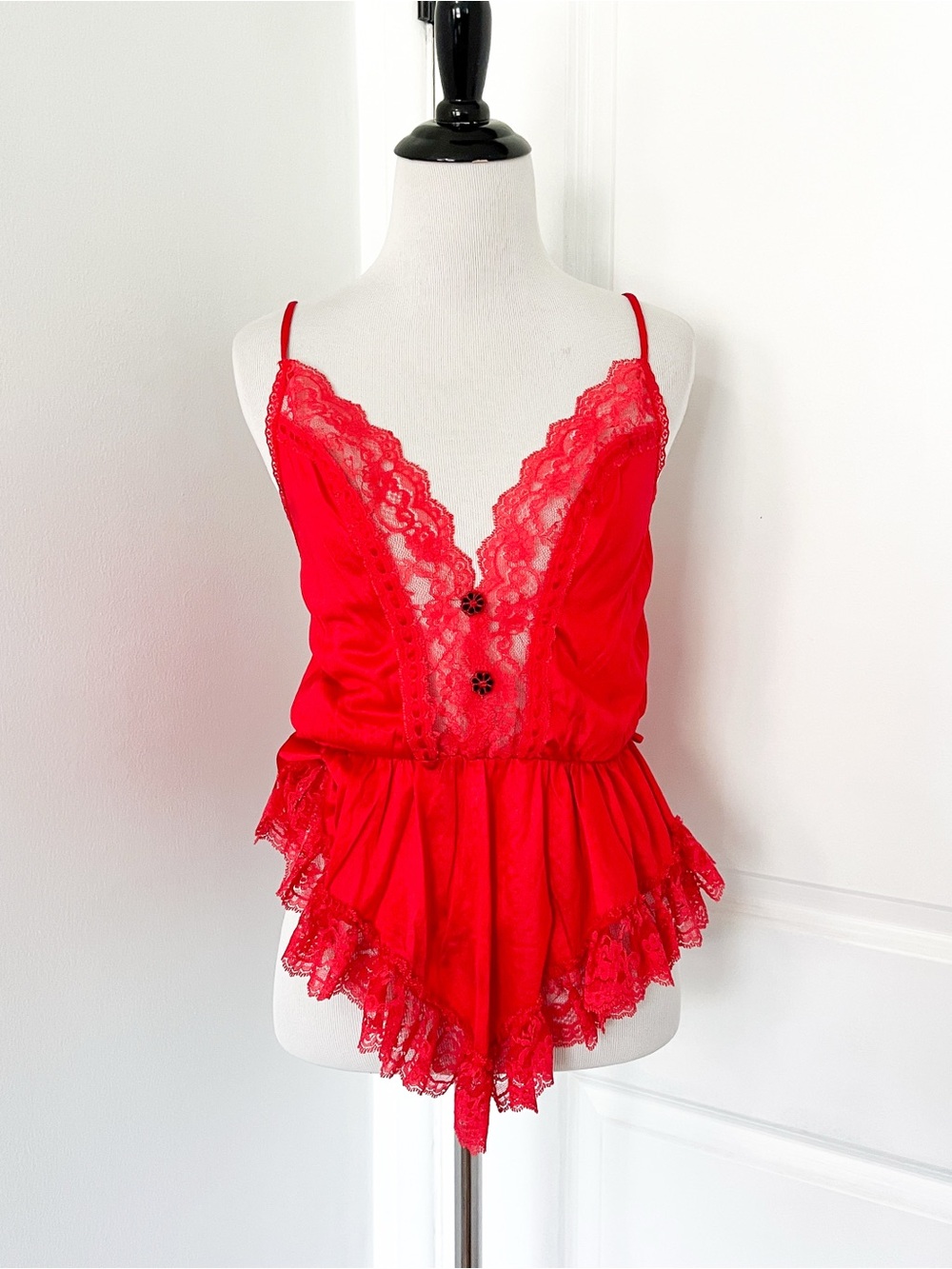 Vintage Red Lace-Trim Lingerie Romper Teddy - Medium